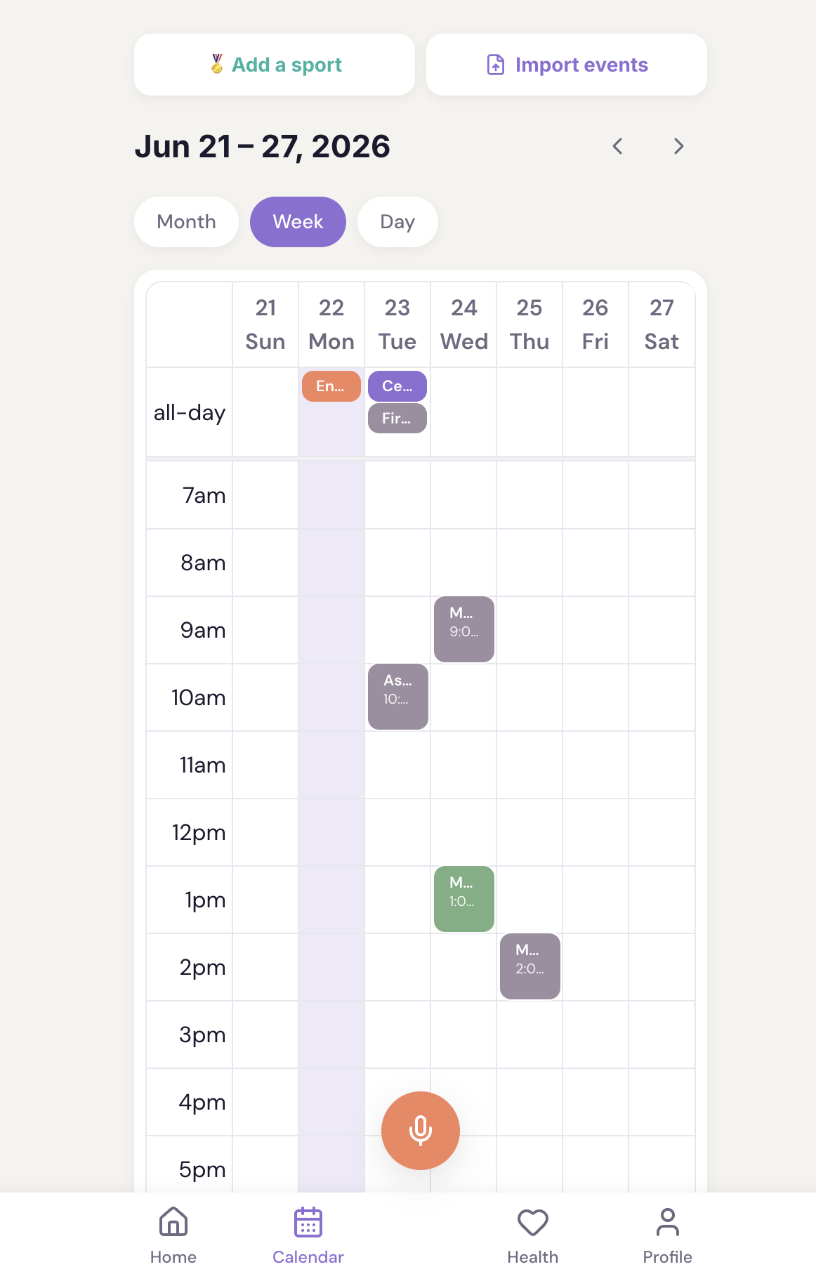 Zella weekly calendar