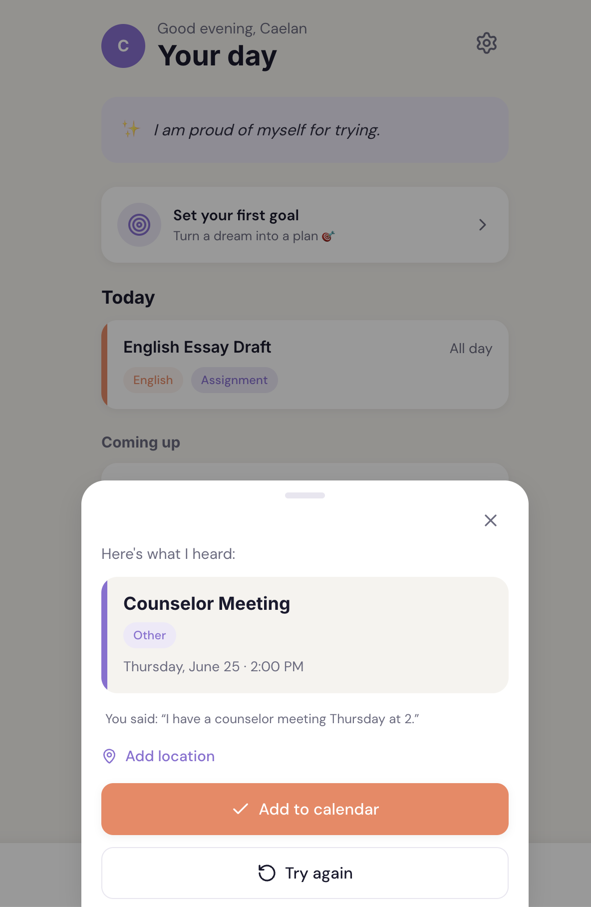 Zella turning your voice into a calendar event